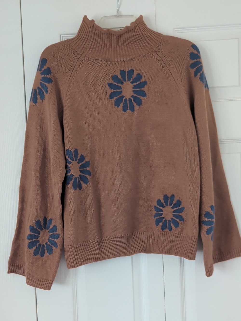 Women’s Mock Neck Daisy Knit Sweater - Brown with Blue Floral